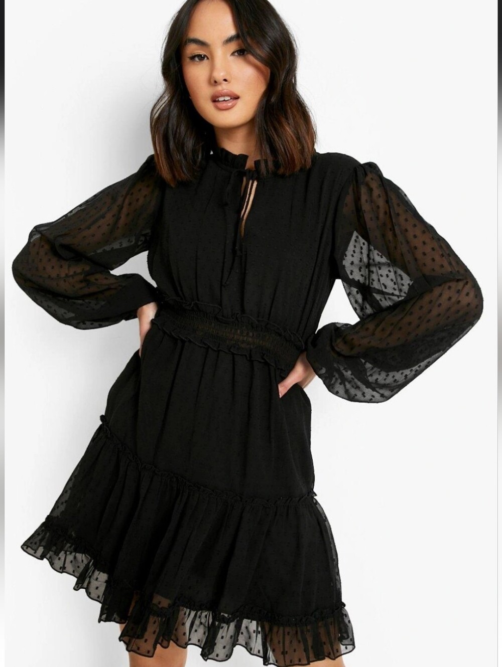 Japna Dobby Mesh Tie Detail Mini Dress - Black M (EUC)